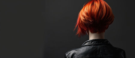 Red-haired girl in a black leather jacket on a dark background.の素材