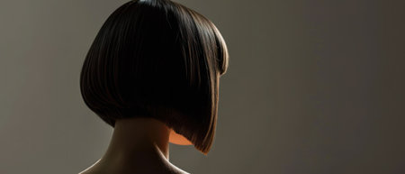Back view of young woman with short hairstyle on grey background.の素材