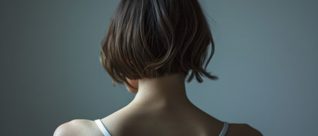 Rear view of young woman with short hair on grey background.の素材