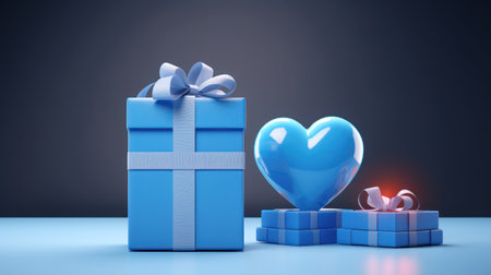 Gift box and heart on blue background. 3D rendering.の素材