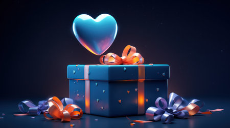 Gift box with heart on dark background. 3D rendering.の素材