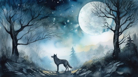 Digital painting of a wolf in the forest at night with full moonの素材