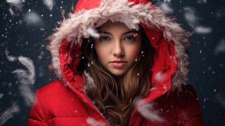 Beautiful young woman in red coat with snowflakes on her faceの素材