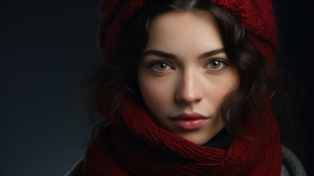 Portrait of a beautiful girl in a red scarf on a black backgroundの素材
