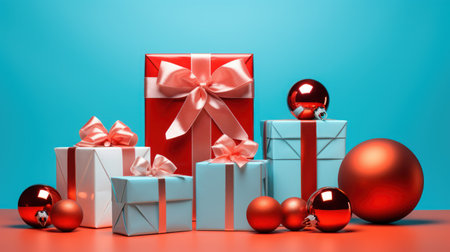 3d render of christmas gift boxes with red balls on blue backgroundの素材