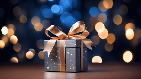 Gift box with golden bow on bokeh background. 3d renderingの素材