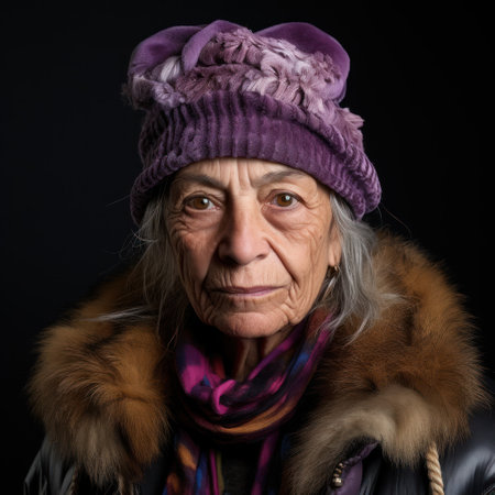 Portrait of an elderly woman in a hat and scarf on a black backgroundの素材