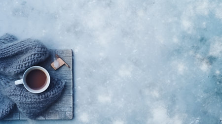 Cup of hot coffee and knitted scarf on a wooden board. Top view with copy spaceの素材