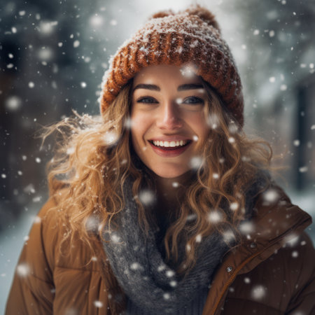 Winter portrait of beautiful young woman in warm hat and coat smiling at camera.の素材