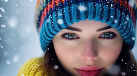 Beautiful young woman in winter hat and scarf with snowflakesの素材