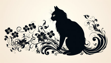 Black cat sitting on a floral background. Vector illustration for your designの素材