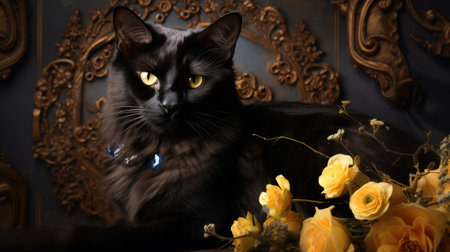 Black cat with yellow eyes and a bouquet of yellow roses on a dark backgroundの素材