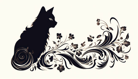Black cat with floral ornament on white background. Vector Illustration.の素材