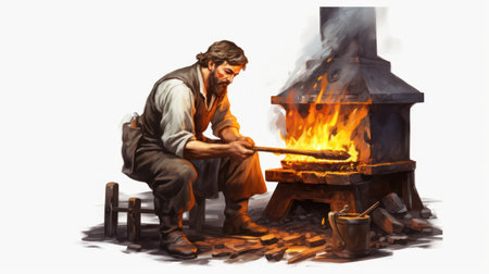 Portrait of a man in a blacksmith's apron making a fireの素材