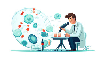 Scientist looking through microscope in laboratory. Vector illustration in cartoon styleの素材