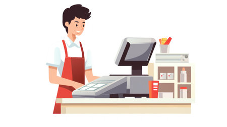 Cashier or cashier at cash register. Man in apron works at cash register. Cashier at cashier. Vector illustrationの素材