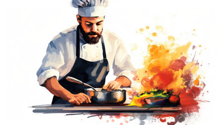 Illustration of a male chef cooking on a white background with colorful splashesの素材