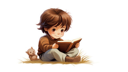 Illustration of a little boy reading a book on a white backgroundの素材