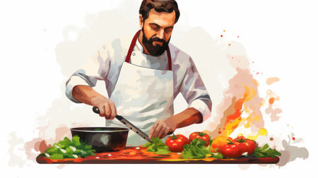 Illustration of a chef cooking in the kitchen. Vector illustration.の素材