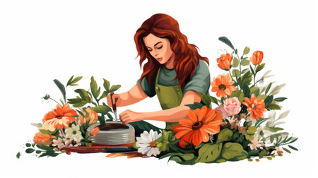 Beautiful young woman watering flowers in a pot. Vector illustration.の素材