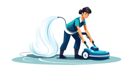 Young woman cleaning the floor with a lawn mower. Vector illustrationの素材