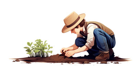 Young man planting a seedling in the ground isolated on white backgroundの素材