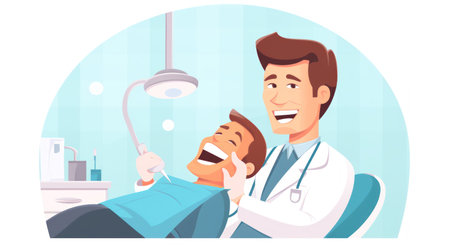 Dentist and patient in dental office. Vector illustration in cartoon styleの素材