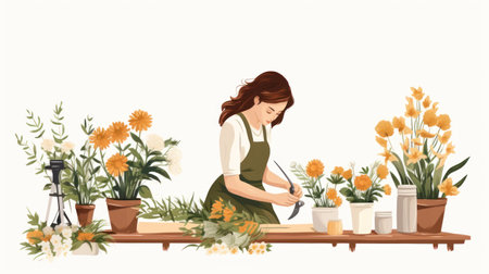 Florist woman working in her flower shop. Vector illustration in cartoon style.の素材