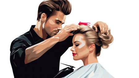 Hairdresser cutting hair of a woman in a beauty salonの素材