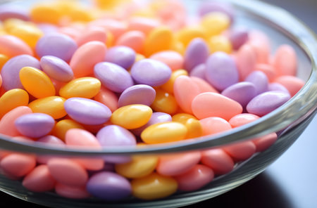 Colorful candies in a glass bowl on a black background.の素材