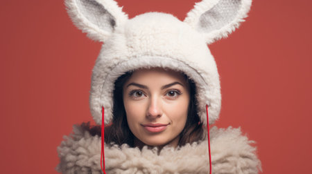 Portrait of a beautiful woman in a white hat and sheepskin coat on a red backgroundの素材
