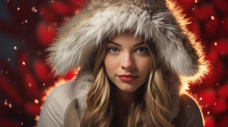 Winter portrait of a beautiful young woman in fur coat over red background.の素材