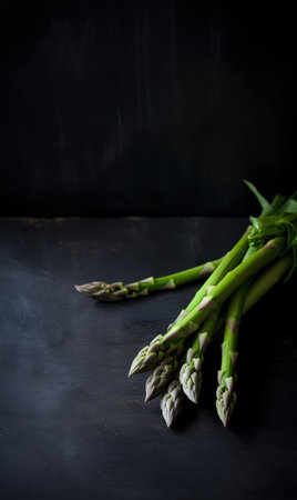 Bunch of fresh green asparagus on black background with copy spaceの素材