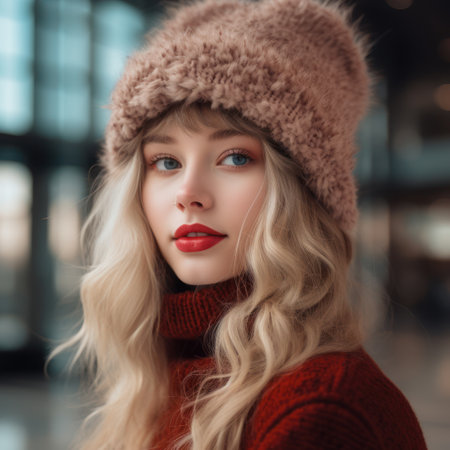 Portrait of a beautiful young blonde woman in a warm hat and red sweater.の素材