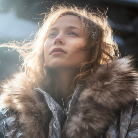 Portrait of a beautiful girl in a fur coat on a winter dayの素材
