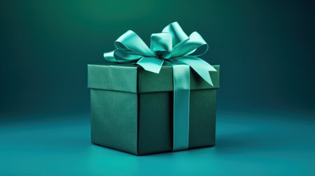 Gift box with blue bow on green background. 3D renderingの素材