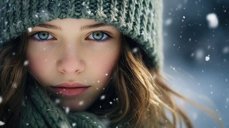 Portrait of a beautiful girl in a knitted hat and scarf in the winter forest.の素材