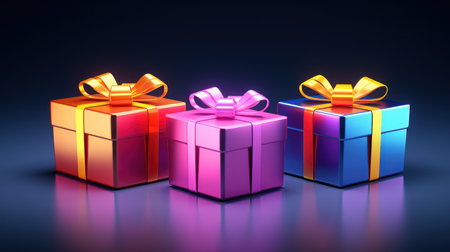 Three gift boxes with bows on a dark background. 3d illustrationの素材