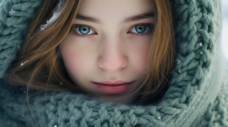 Close-up portrait of a beautiful girl in a knitted scarf. Winter fashion.の素材