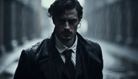 Portrait of a young businessman standing under rain in the city.の素材