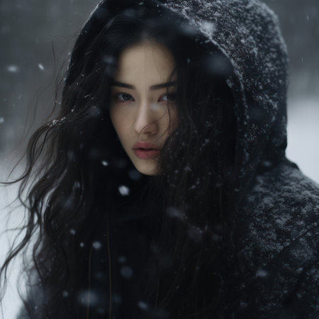 Portrait of a beautiful young woman in a black coat in the winter forestの素材