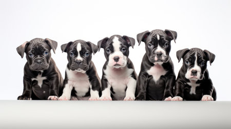 Group of six black and white american bully puppies isolated on white backgroundの素材