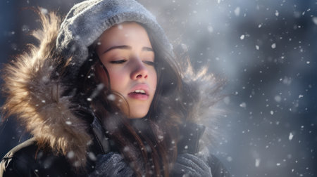 Portrait of a beautiful young woman in winter forest. Snowfall.の素材
