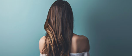 back view of young woman with long brown hair looking away on blue backgroundの素材