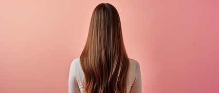 back view of young woman with long brown hair looking away on pink backgroundの素材