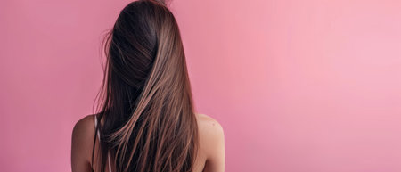 Beautiful young woman with long straight brown hair on pink background.の素材