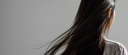 Beautiful girl with long brown hair, studio shot on gray backgroundの素材