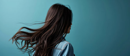 Close-up portrait of a beautiful girl with flying hair on a blue backgroundの素材