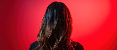Rear view of a woman with long hair on a red backgroundの素材