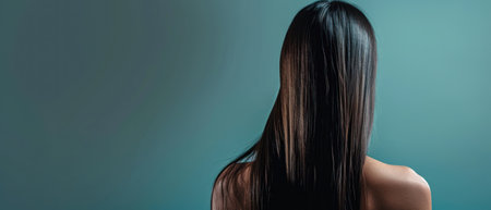 back view of young woman with long hair on blue background, panoramic shotの素材